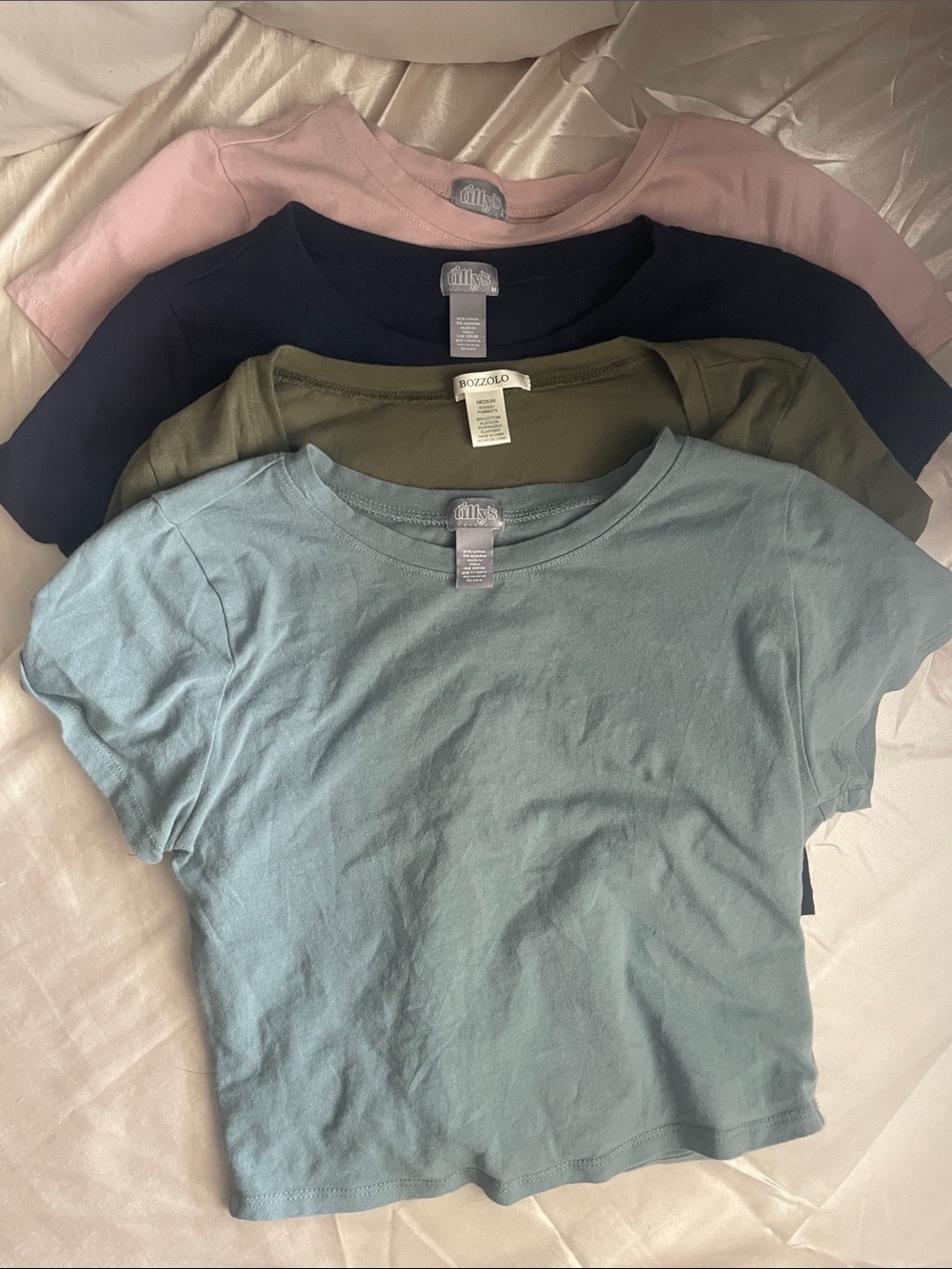 Tilly's Light Blue Short Sleeve Crop Top with Pink, Navy & Olive Layers